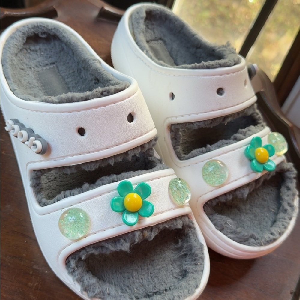 CROCS White and Green Floral Slippers